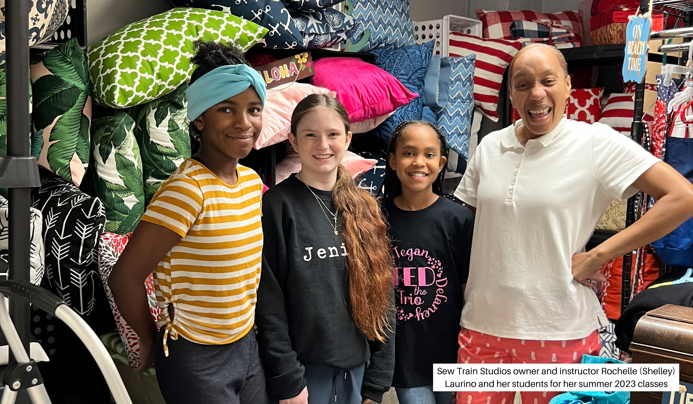 Sew Train Studios owner Shelley Laurino and her 2023 Summer Sewing Camp students