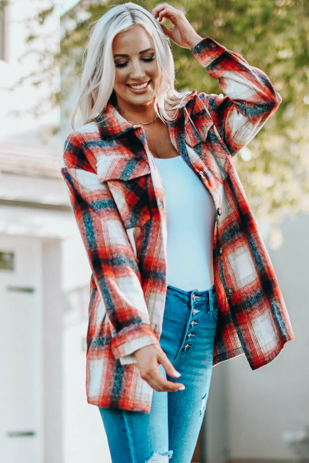 (ONLINE EXCLUSIVE) Plaid Button Up Shirt Jacket with Pockets