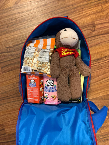 backpack full of snacks and a doll