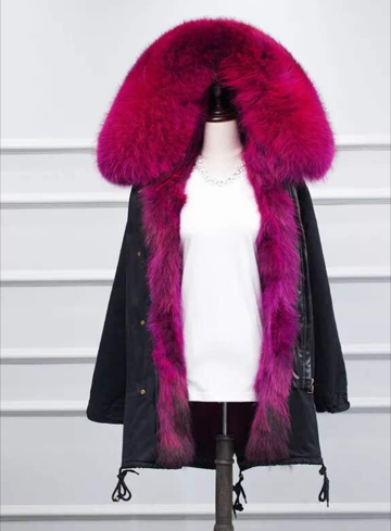 black parka with pink fur hood