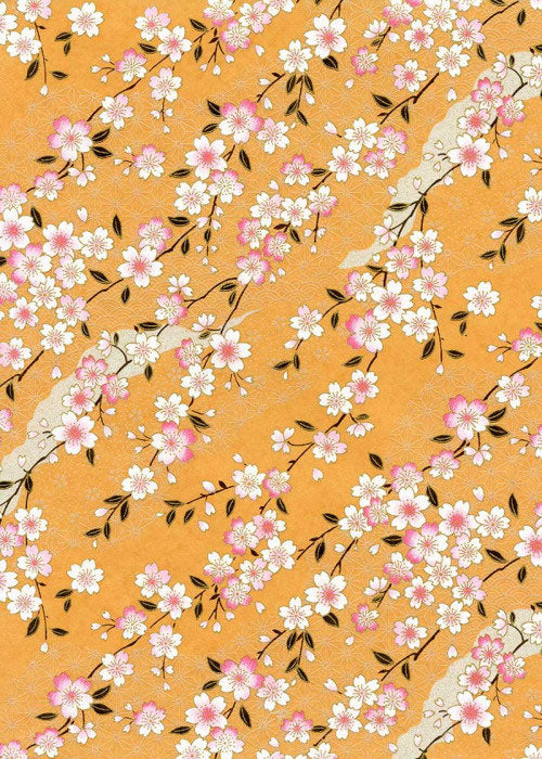 796-797C Yuzen Chiyogami-- Pink and white cherry blossoms on orange ba –  Paper Jade