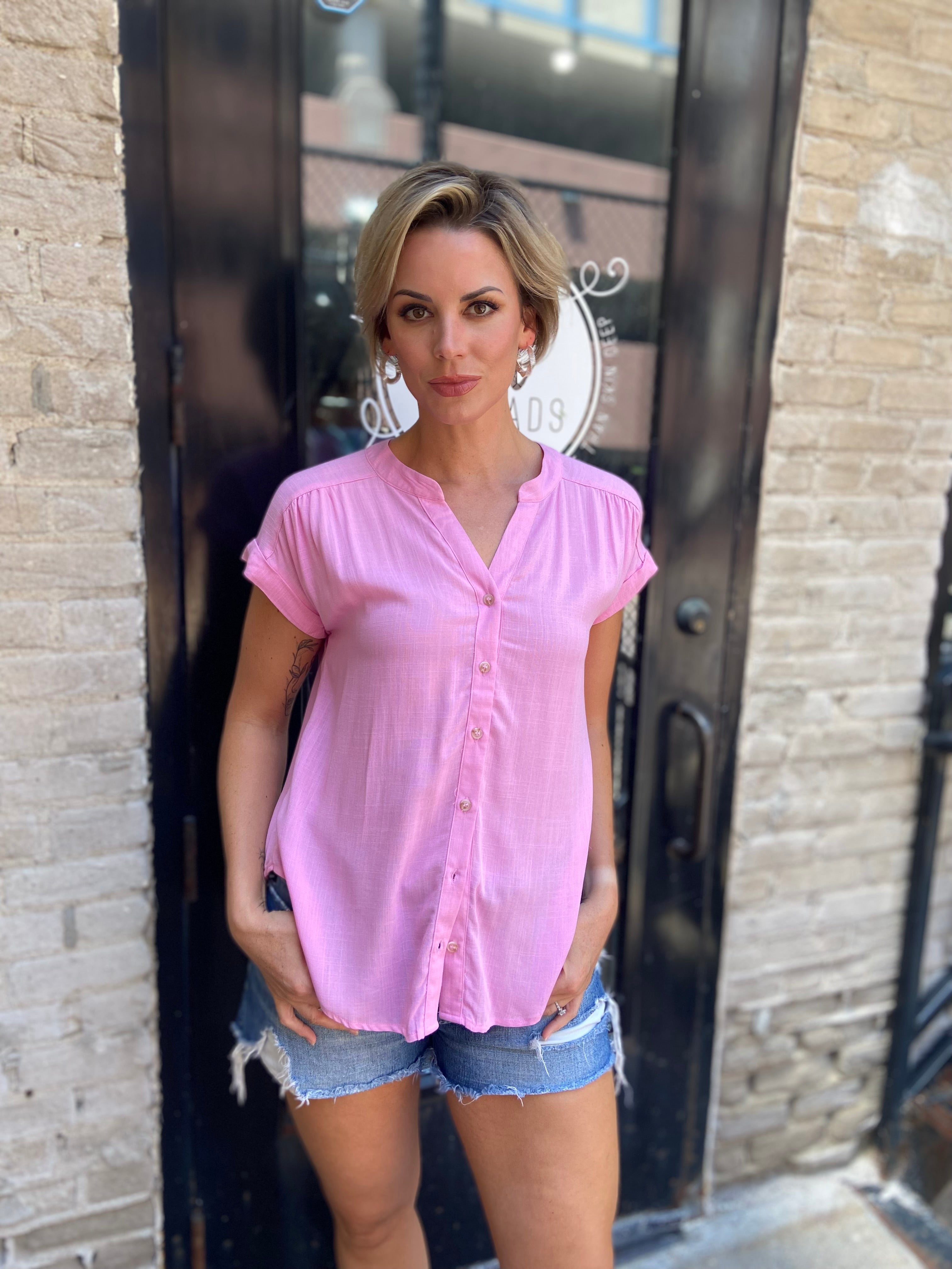 Zoro Pink Short Sleeve Button Down Top