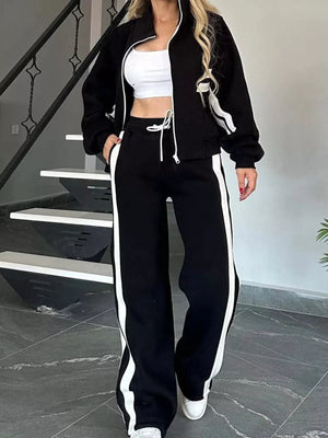 Contrast Stripe Zip Up Jacket and Pants Set - Forward Fashions