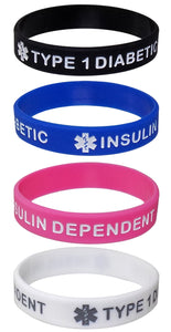 "TYPE 1 DIABETIC" Kids Sized Medical Alert ID Silicone Bracelet Wristbands 4 Pack