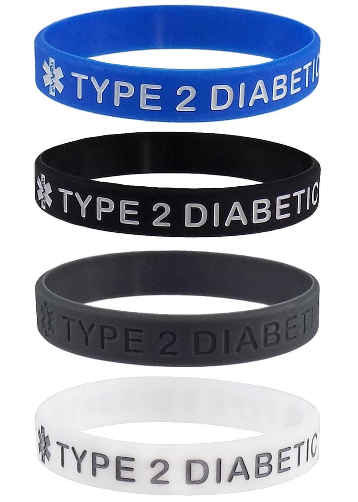 "TYPE 2 DIABETIC" Medical Alert ID Silicone Bracelet Wristbands 4 Pack