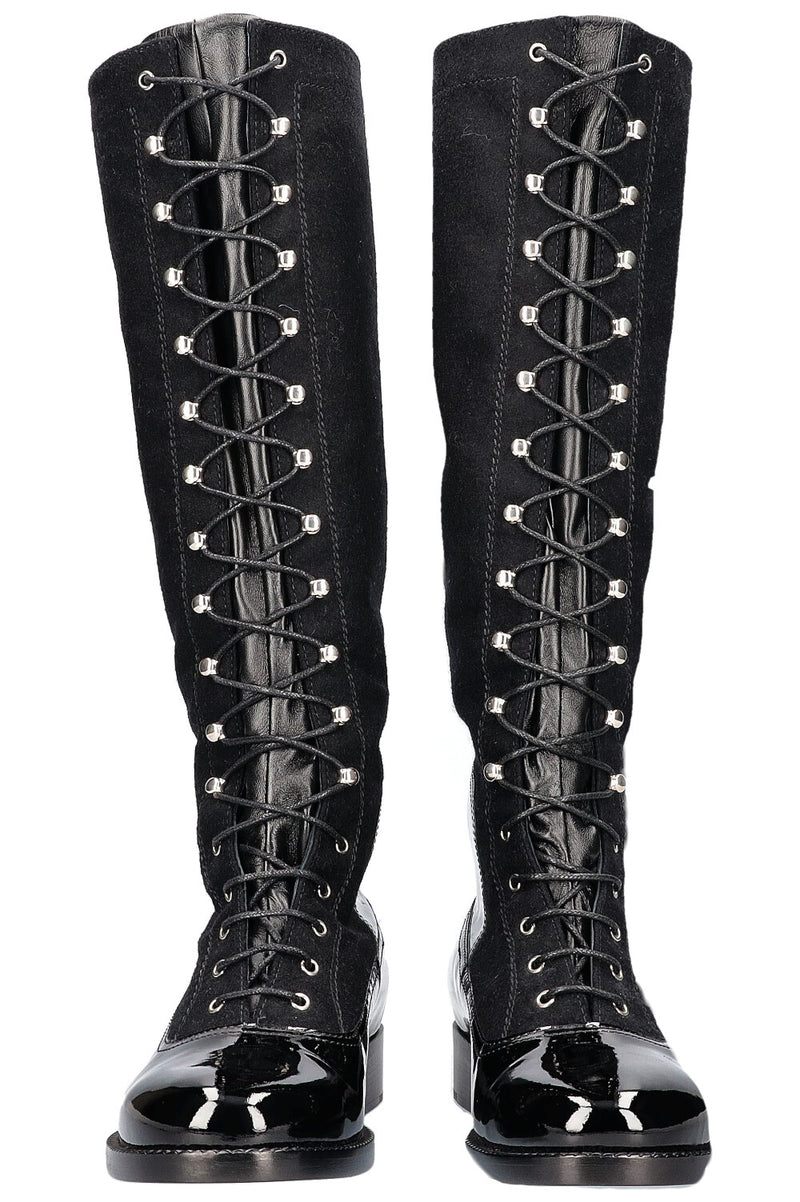 Chanel BeigeBlack Lambskin Leather and Pearl Cap Toe Over the Knee Boots  Size 4535  Yoogis Closet