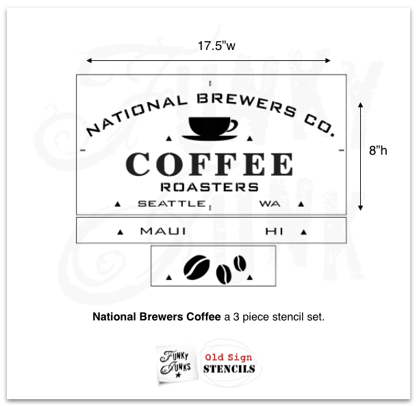 National Brewers Coffee stencil by Funky Junk's Old Sign Stencils is a coffee-themed stencil with a true coffee shop vibe! Styled around a vintage crate, this design includes a coffee cup graphic. Available in 2 sizes, perfect for small or larger rustic coffee signs.