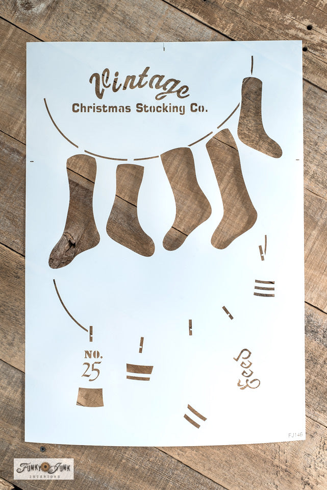 The Vintage Christmas Stockings stencil kit comes with a Vintage Christmas Stocking Co. sign, plus five Christmas stockings decorated with unique grain sack numbers, feed text, and grain sack stripes for the ultimate vintage vibe! Hung on a line with the included clothespin images for a true farmhouse-inspired look!