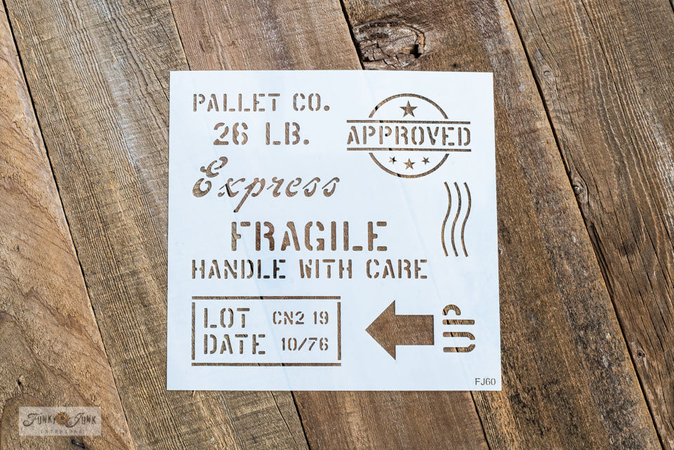 Love the rustic-vibe of pallet wood?  Recreate a wooden pallet vibe on any of your DIY projects with this easy-to-use Shipping Crates Stamps stencil by Funky Junk's Old Sign Stencils!  This pallet stencil design resembles pallet wood markings using a true stencil font that includes: Fragile Handle With Care, Up with arrow, Pallet Co., Express and more.