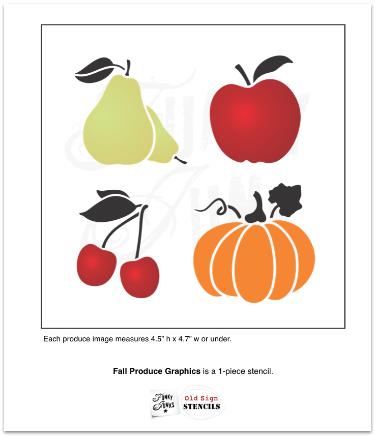 Fall Produce Graphics is a 1-piece stencil with 4 produce images that include a pear, apple, cherries and a pumpkin. Each fruit bears a leaf and they are all scaled to the same size to work well together and with our other fall stencil collections.