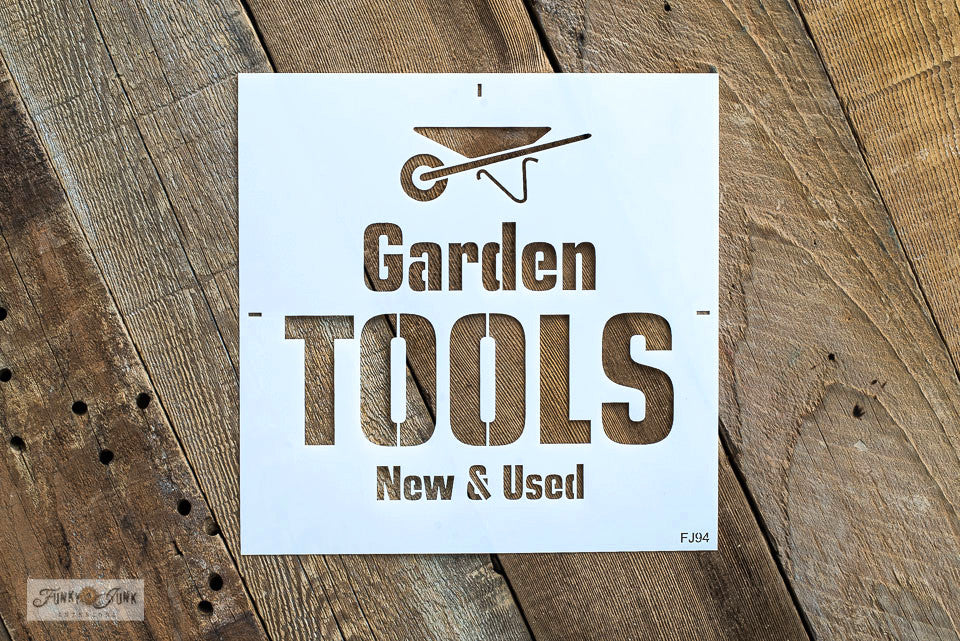 Garden Tools stencil by Funky Junk's Old Sign Stencils helps to create a handy and decorative garden sign to label up your collection of garden tools! Designed in bold text with New & Used subtext, and a whimsical wheelbarrow graphic for that perfect garden tool touch.