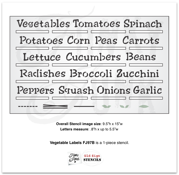 These Garden Labels stencils with Herbs and Vegetables by Funky Junk's Old Sign Stencils help you easily create garden plant stake labels! Designed to fit cedar stakes, in a hand written font, & includes border and leaf graphics to decorate your garden stakes! Includes peek holes for easy text alignment.