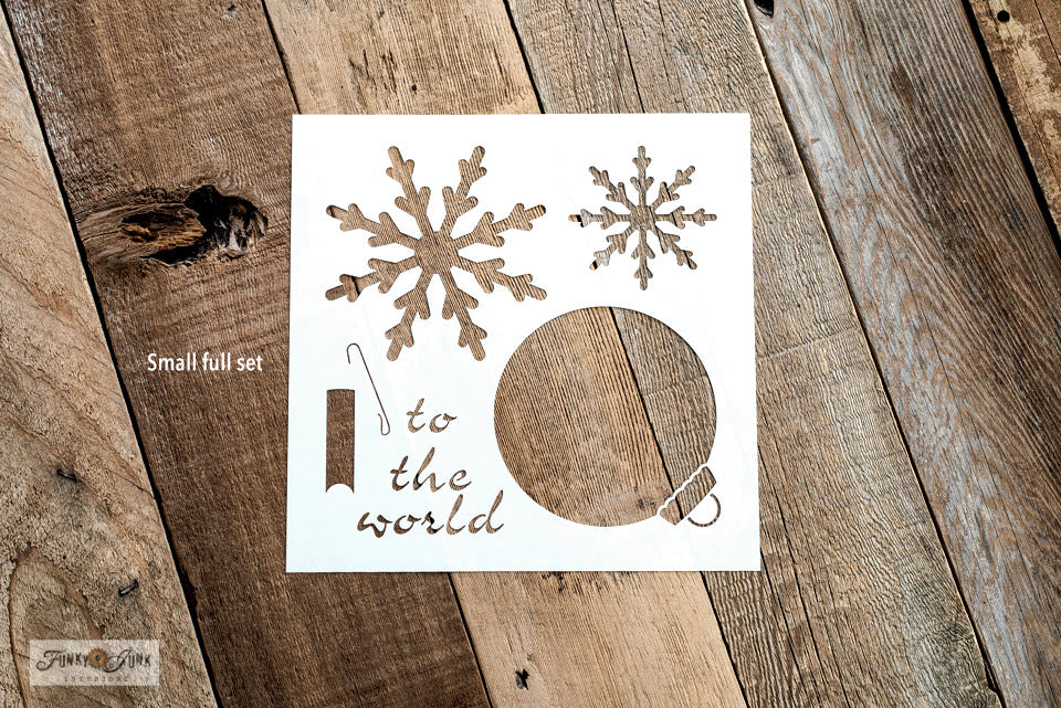 Joy - Small is a festive Christmas sign stencil design bursting with loads of creative mix & match options! Use Joy by itself in horizontal or vertical formats, with the option to replace the O in Joy with Accessories, that include 2 snowflakes, ornament, hook, ribbon, and to the world text.