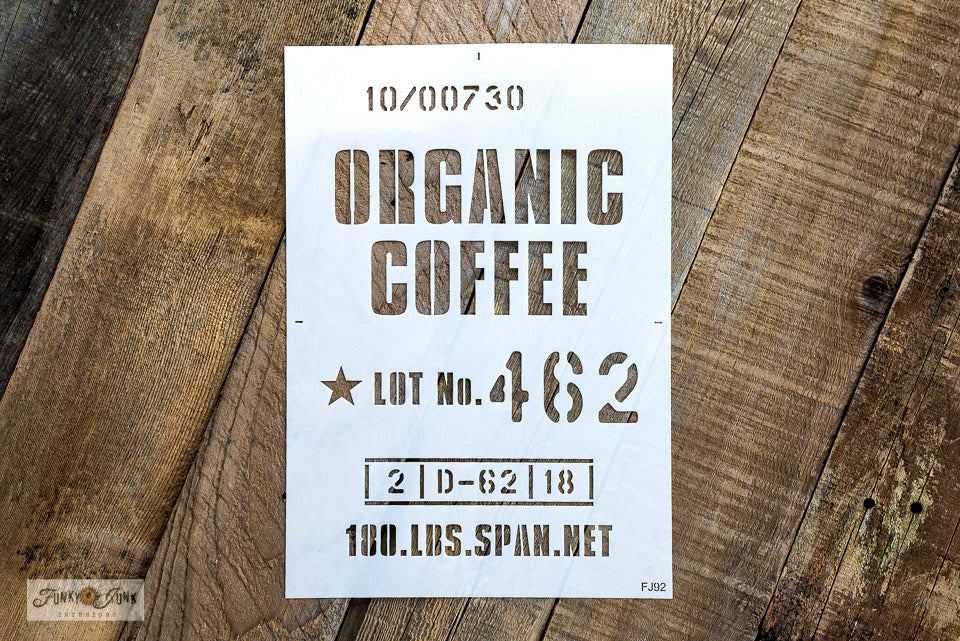 OrganicCoffeebyFunkyJunk_sOldSignStencils.56PM.png  630 × 735px  Organic Coffee stencil by Funky Junk's Old Sign Stencils is a coffee bean burlap sack stencil design, perfect for a coffee shop vibe! Team it up with any of our Grain Sack Stripe stencils (sold separately) to get a full authentic take! Stencil on burlap, reclaimed wood, furniture, or any project desired.