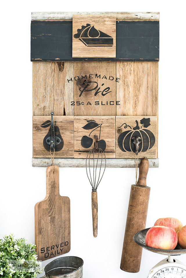 Stencil this charming rustic farmhouse Homemade Pie sign with the Homemade Pumpkin Pie  and Fall Produce Graphics stencils from Funky Junk's Old Sign Stencils!