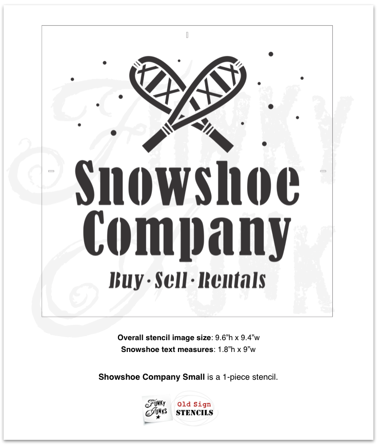 Snowshoe Company Christmas / Winter stencil by Funky Junk's Old Sign Stencils celebrates snowshoeing through the snowy outdoors! Stencil images include a bold title, Buy Sell Rentals subtext, crossed snowshoes surrounded by lightly falling snow. Sized to make wintery pillows, or a sign teamed up with real snowshoes!