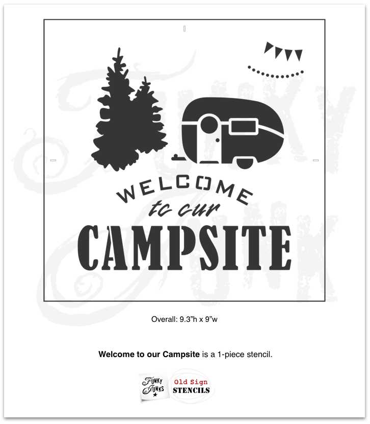 Welcome to our Campsite is a repeating, reusable camping stencil that celebrates your summer vacation home away from home! Comes with text, retro camper, evergreen trees, along with banner and string light graphics to decorate the camper and trees with.