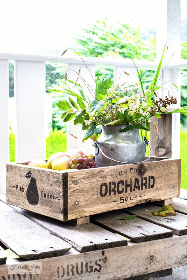 Build and stencil your own You Pick Orchard crate, with stencils from Funky Junk's Old Sign Stencils!