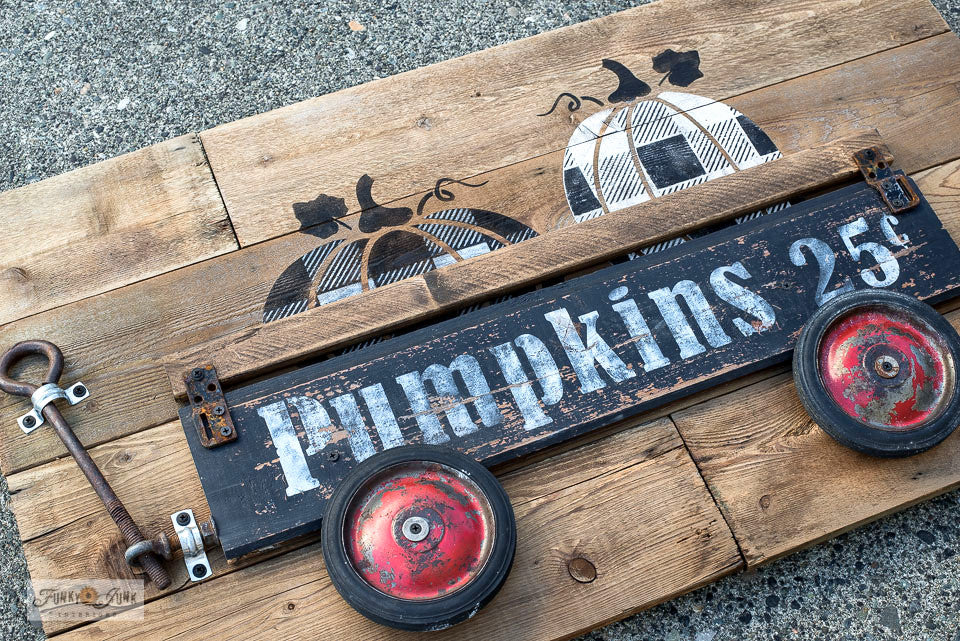 Learn how to create this charming Buffalo Checked pumpkin wagon using Pumpkins 25 Cents, Pumpkins and Buffalo Check from Funky Junk's Old Sign Stencils! Click to stencils and full tutorial.