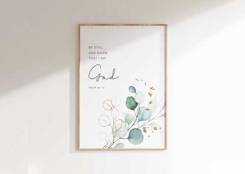 Botanical Psalm 46:10 print with fresh eucalyptus theme, offering a serene and calming atmosphere