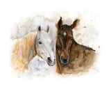 Duo of horses, one brown, one white, in watercolors, a harmonious equine blend.