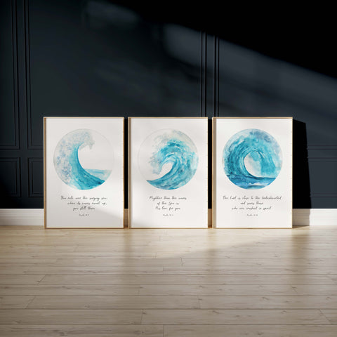 Ocean wave print with Psalm 89:9 verse - God's calming power in turbulent seas
