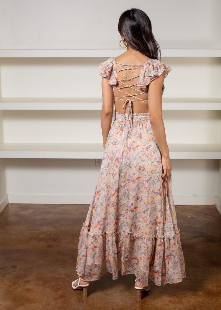 Astr The Label Primrose Floral Maxi Dress Hand In Pocket