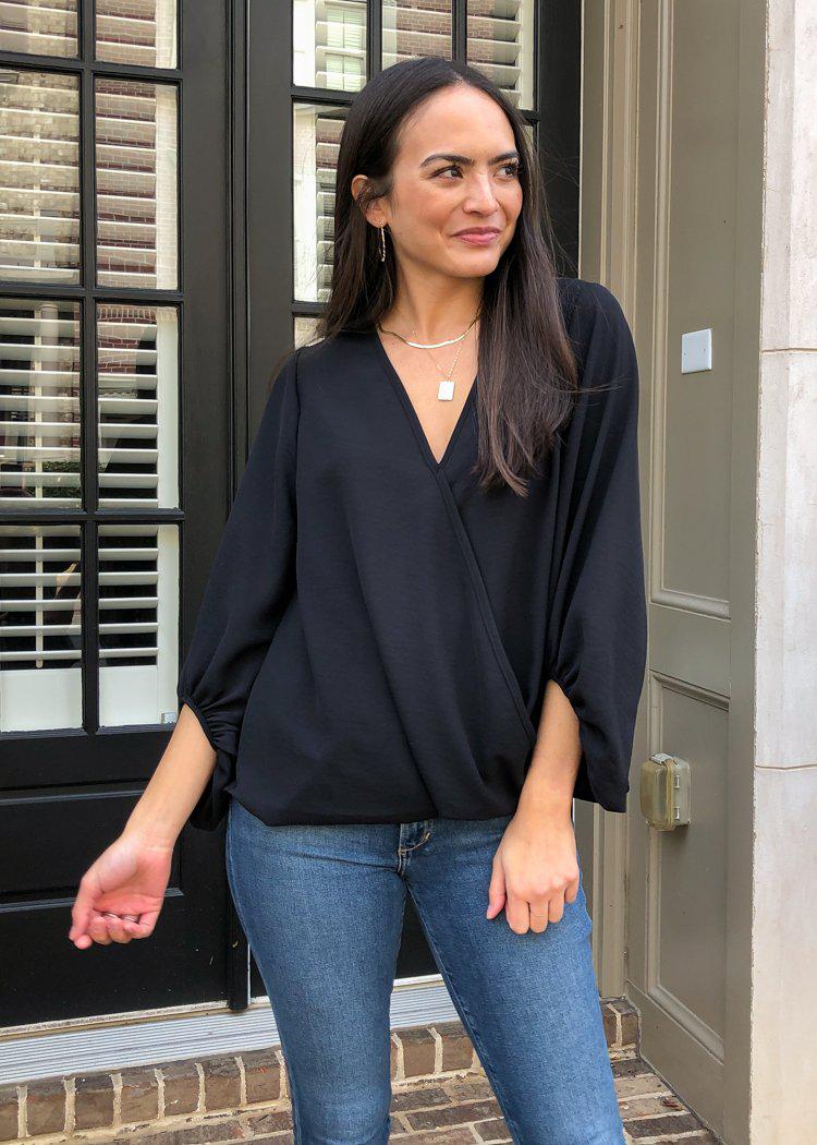 Ventanas Faux  Wrap Long Sleeve Blouse- Black