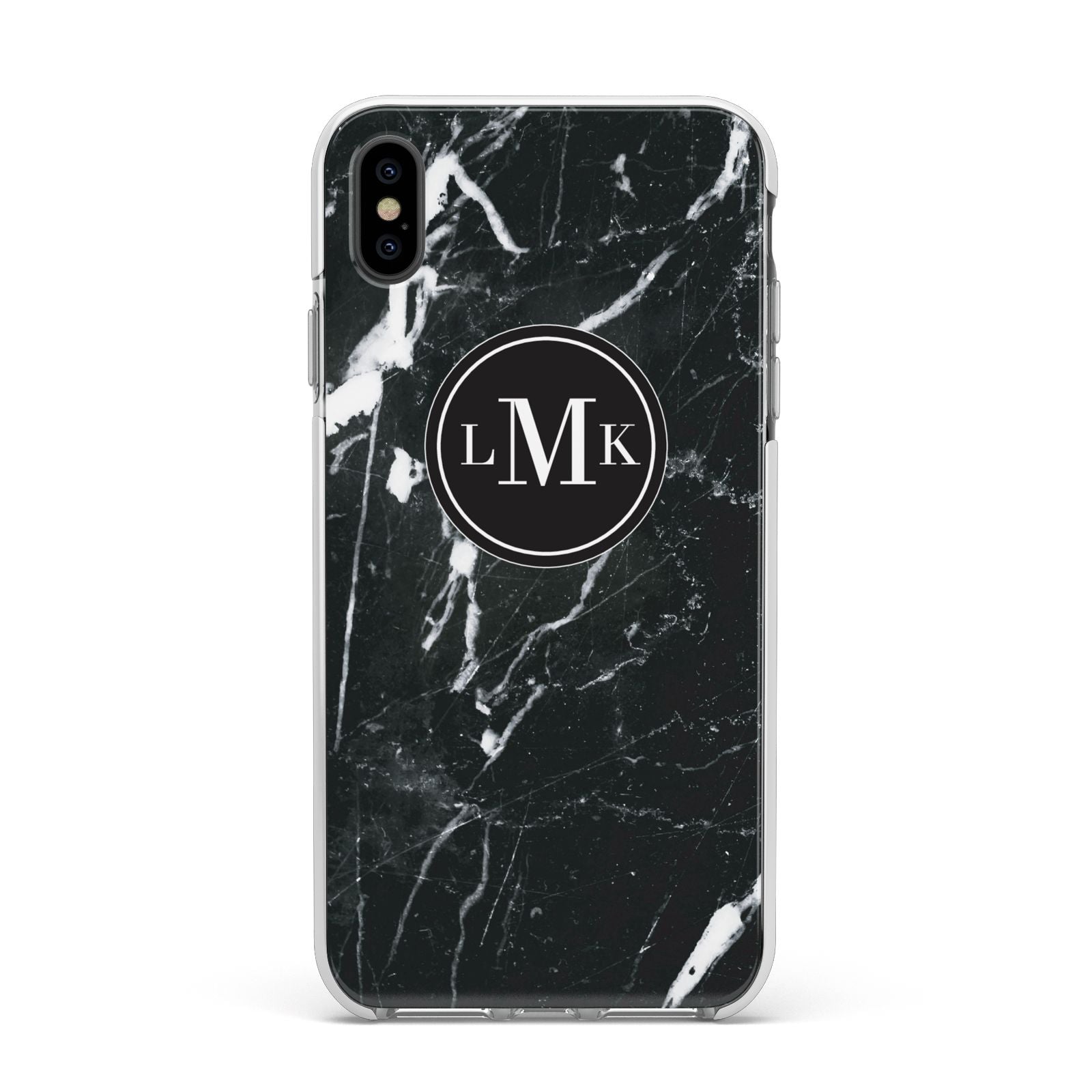 Marble Custom Initials Circle Apple iPhone Xs Max Impact Case White Edge on Black Phone