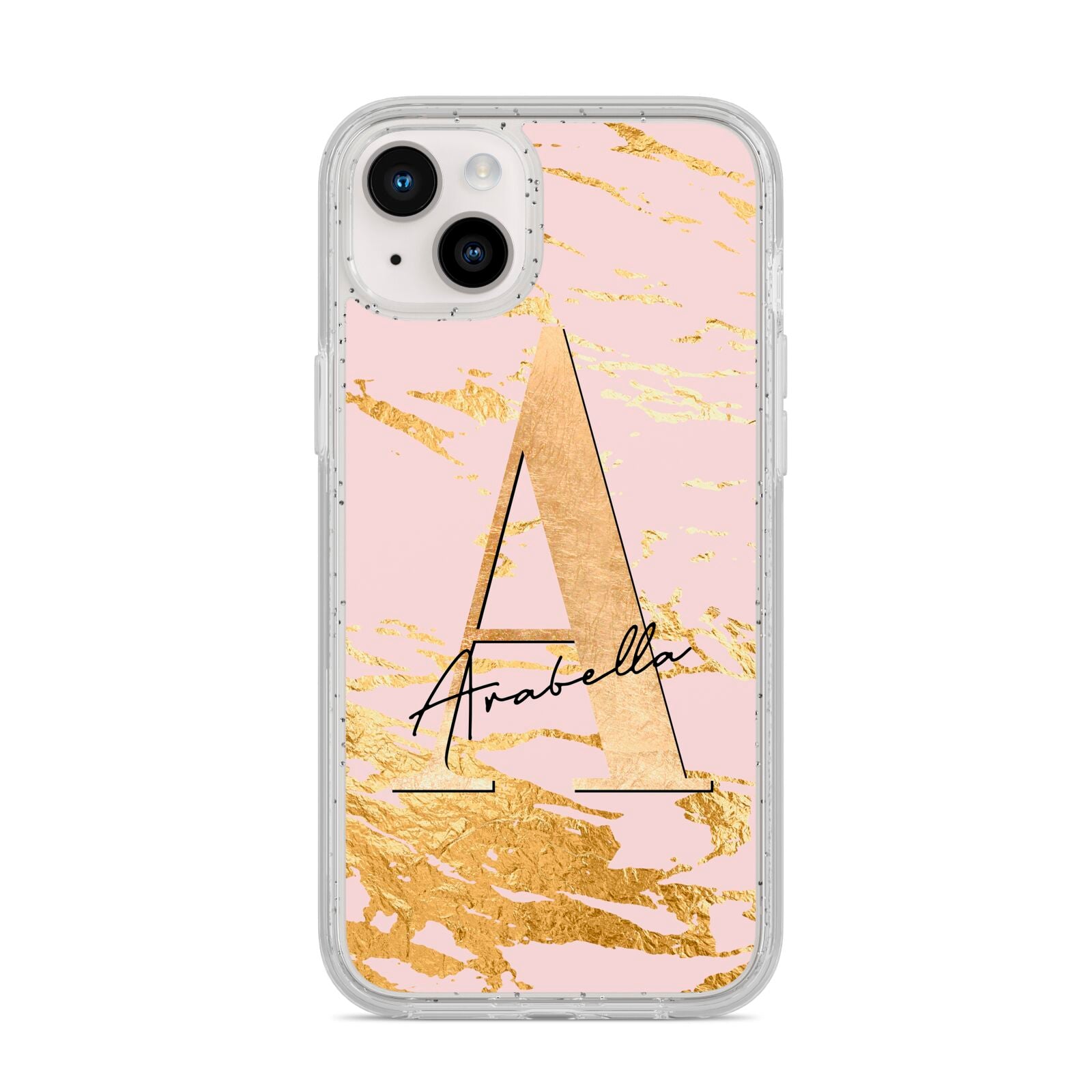 Personalised Gold Pink Marble iPhone 14 Plus Glitter Tough Case Starlight