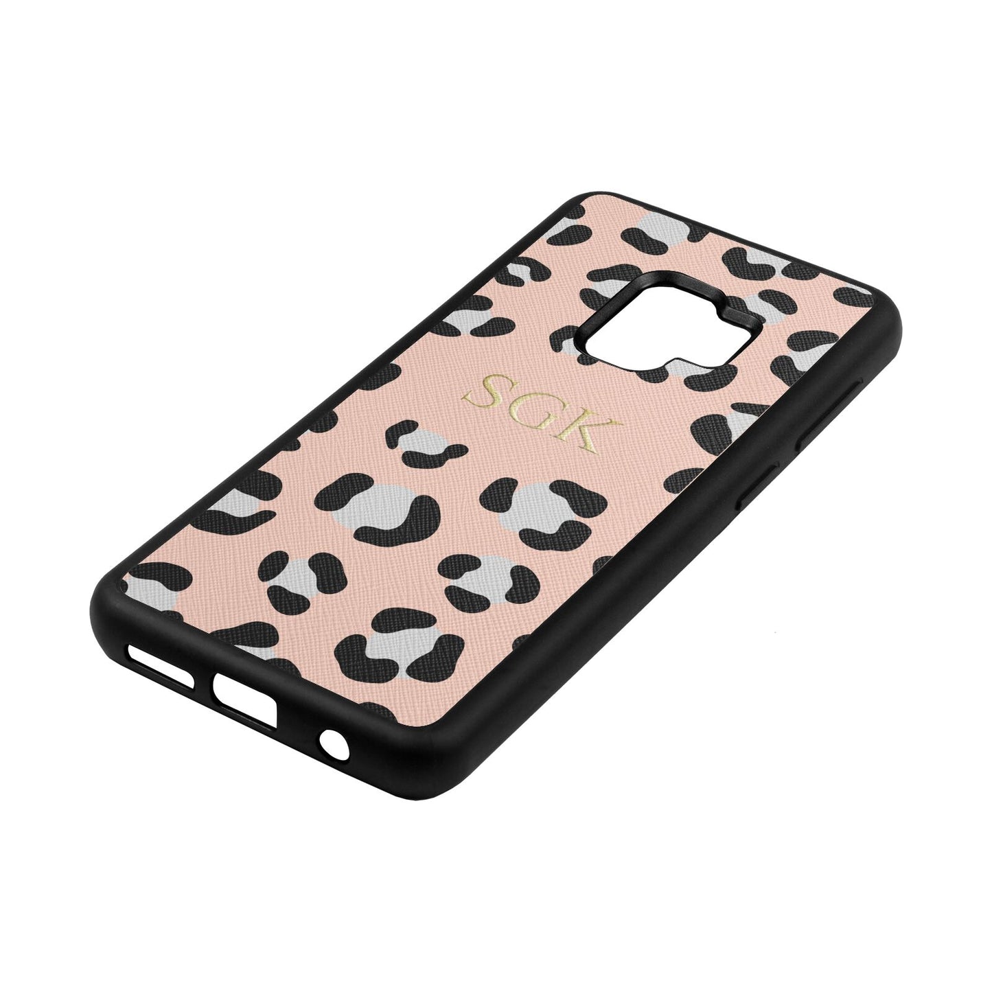 Personalised Leopard Print Embossed Nude Saffiano Leather Samsung S9 Case Side Angle