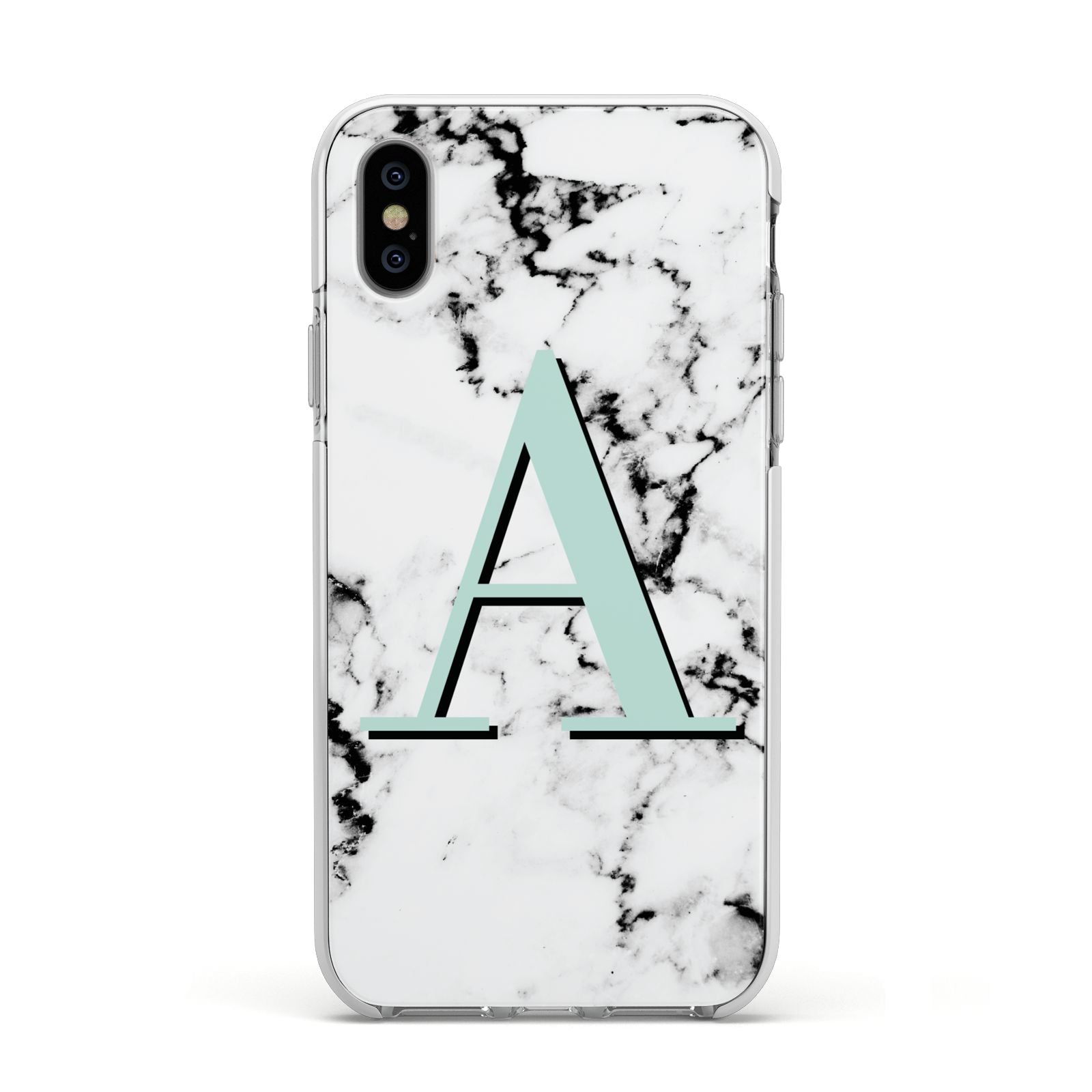 Personalised Mint Single Initial Marble Apple iPhone Xs Impact Case White Edge on Silver Phone