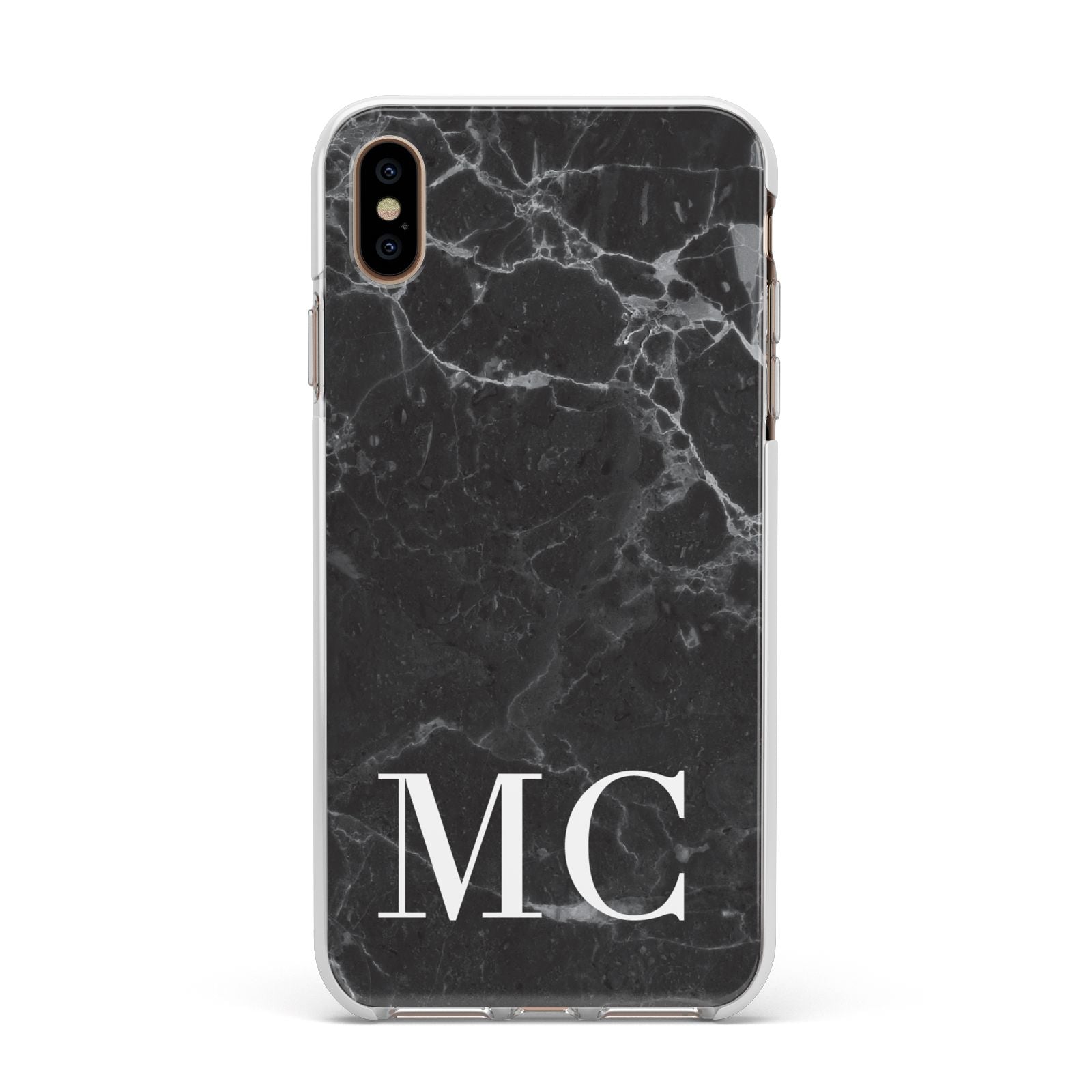 Personalised Monogram Black Marble Apple iPhone Xs Max Impact Case White Edge on Gold Phone