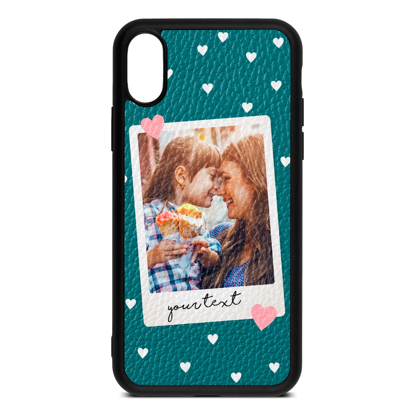 Personalised Photo Love Hearts Green Pebble Leather iPhone Xs Case