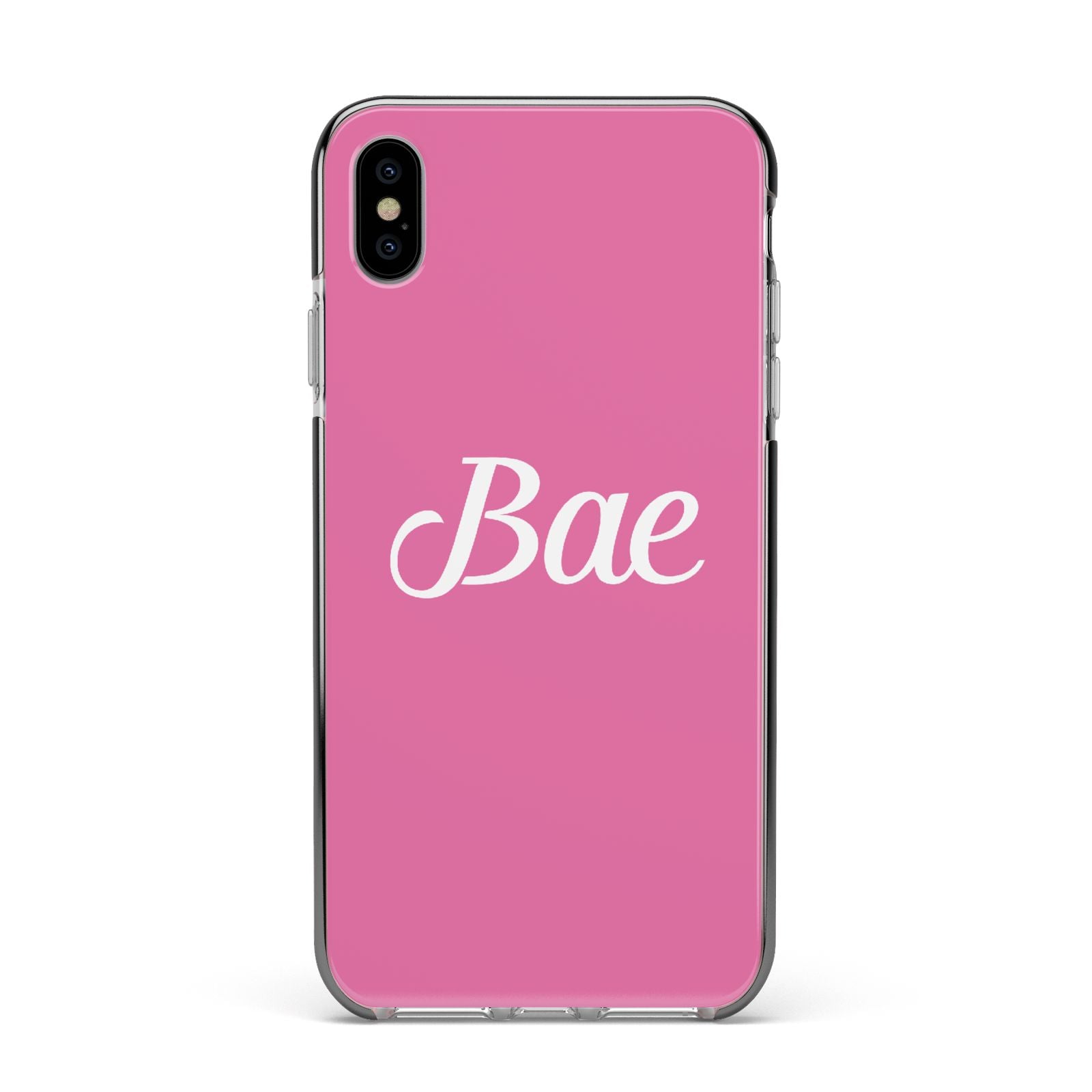 Valentines Bae Text Pink Apple iPhone Xs Max Impact Case Black Edge on Silver Phone