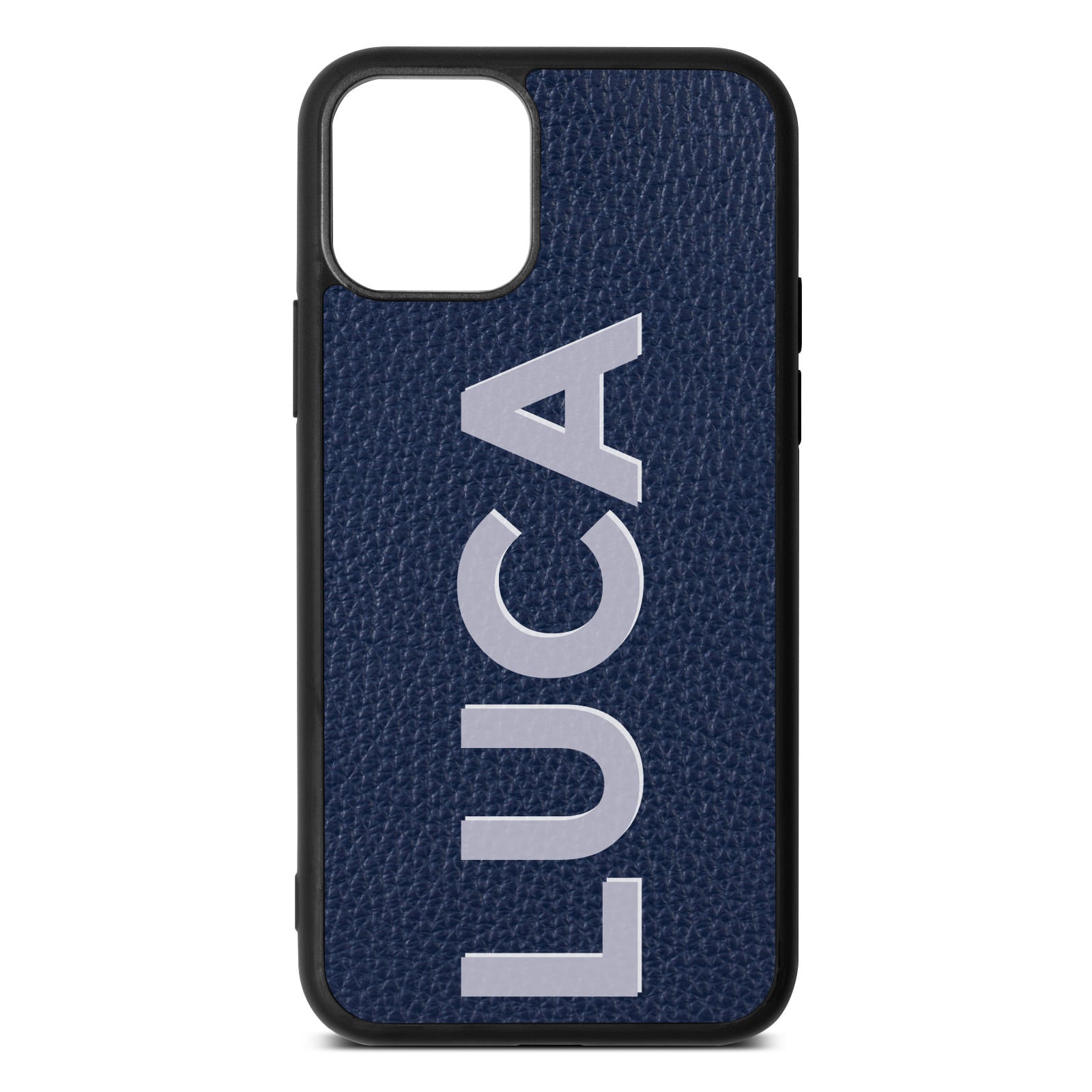 Personalised Navy Blue Pebble Leather Shadow Text Iphone Case