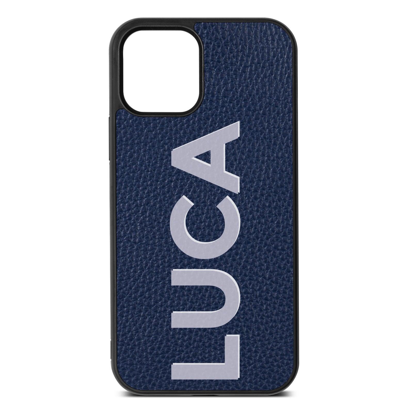 Personalised Navy Blue Pebble Leather Shadow Text Iphone Case