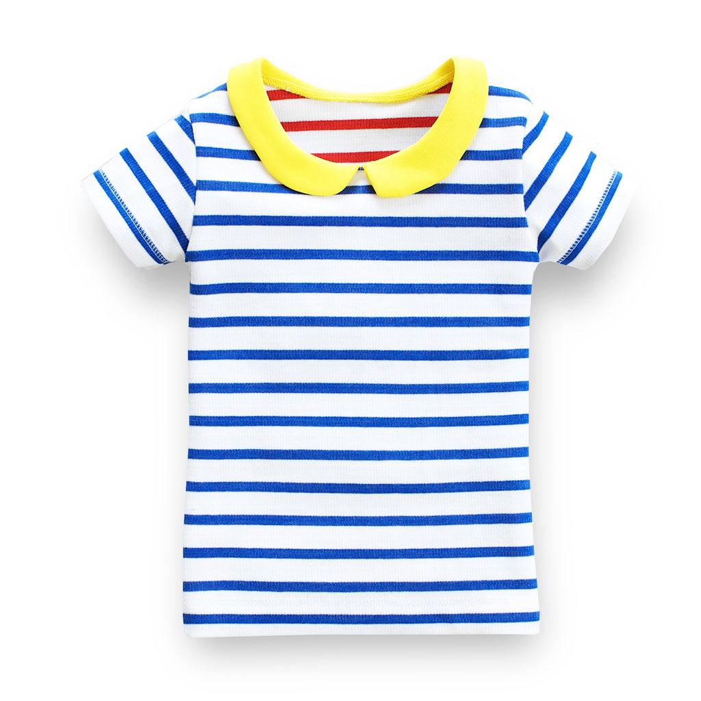 Maritimes T-Shirt für Mädchen mit Bubikragen, blau-weiß gestreift