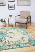 Load image into Gallery viewer, 5x8 Vintage Central Anatolian Oushak Style Turkish Area Rug | Bold turquoise medallion and border chartreuse field | SKU 508

