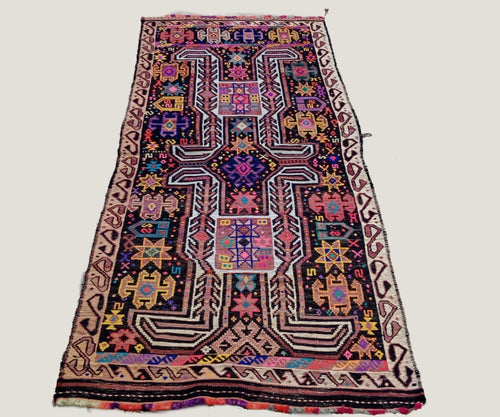 5x7 Vintage Turkish Kilim Area Rug | Symmetrical Geometric Symbols