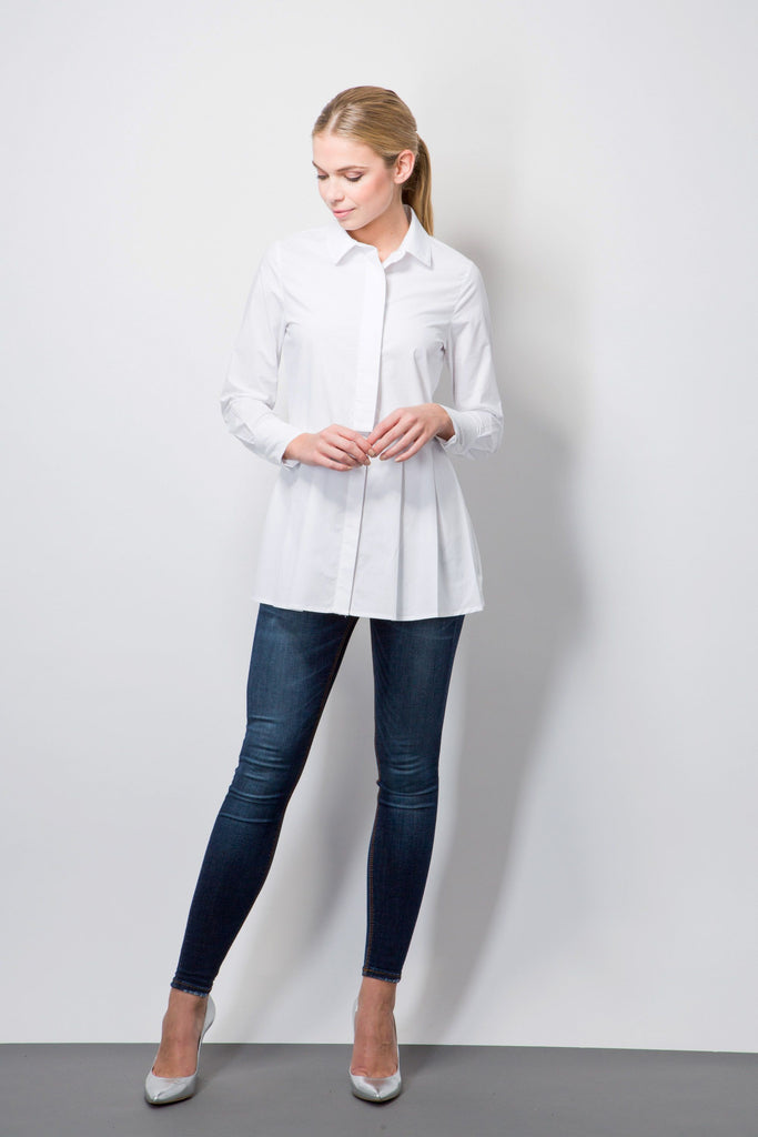 White Pleated Peplum Shirt - Long 