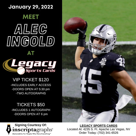 Raiders player Alec Ingold to sign autographs for the public at Legacy Sports Cards in Vegas! This signing is courtesy of Inscriptagraphs Memorabilia. Call Legacy at 702-341-6256 to order today!