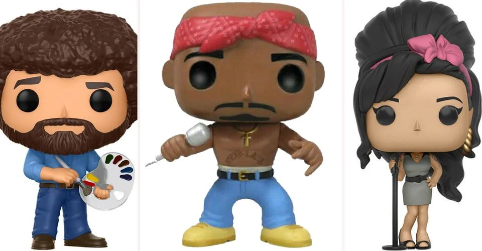 Funko Pop figurines from left to right of Bob Ross the Artist, Tupac Shakur the Rapper and Amy Winehouse the Singer