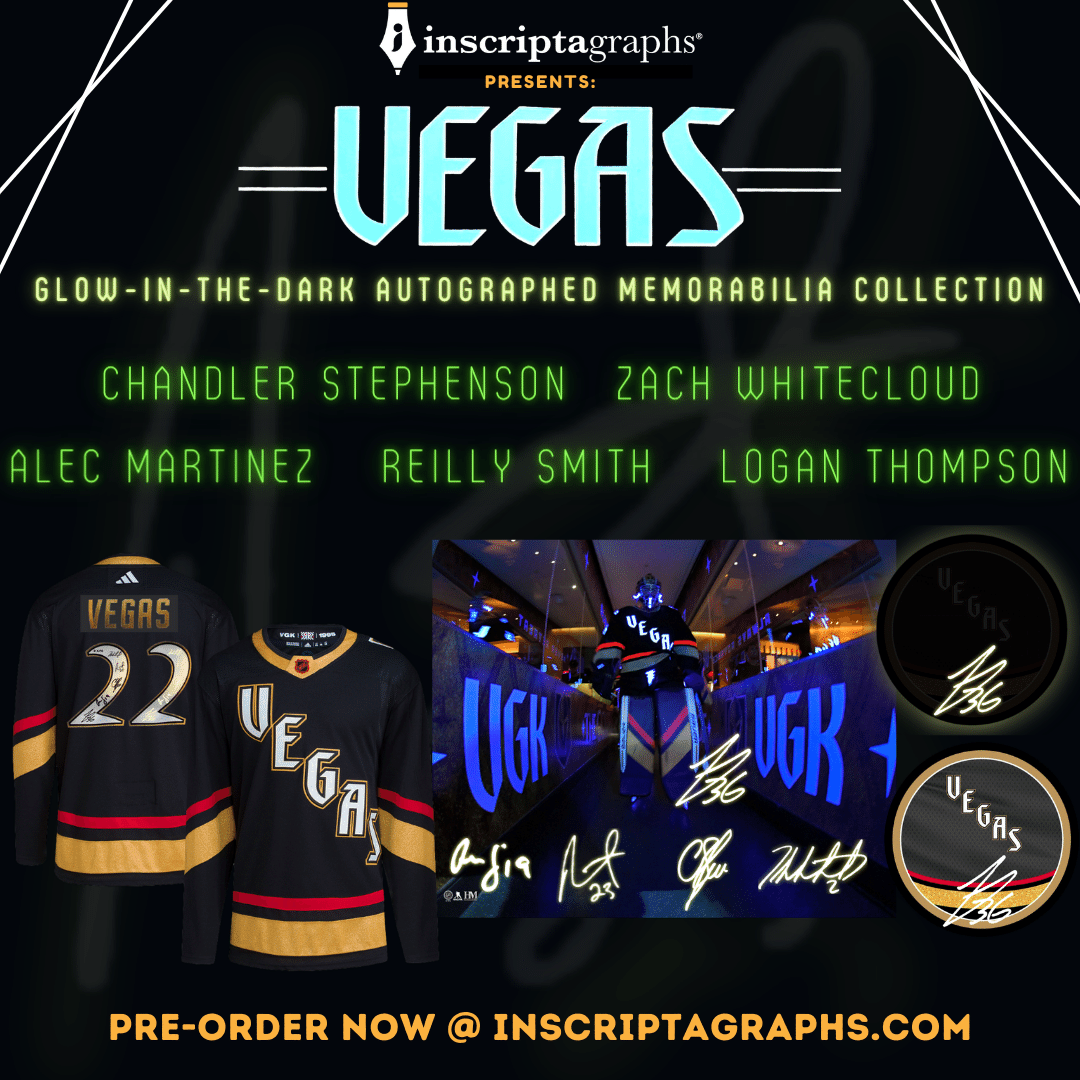 Flyer for Inscriptagraphs' Glow in the dark autographed memorabilia collection up for pre-order. Players signing autographs include Stephenson, Martinez, Whitecloud, Thompson & Reilly Smith. Purchase signed memorabilia all that glow in the dark!