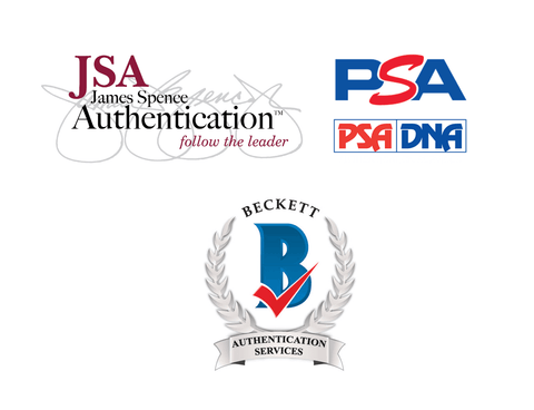 The three logos of autograph authentication companies for James Spence Authentication, PSA/DNA & Beckett Authentication Services.