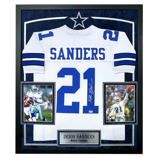 Press Pass Collectibles Deion Sanders Authentic Signed White Pro Style Framed Jersey BAS Witnessed