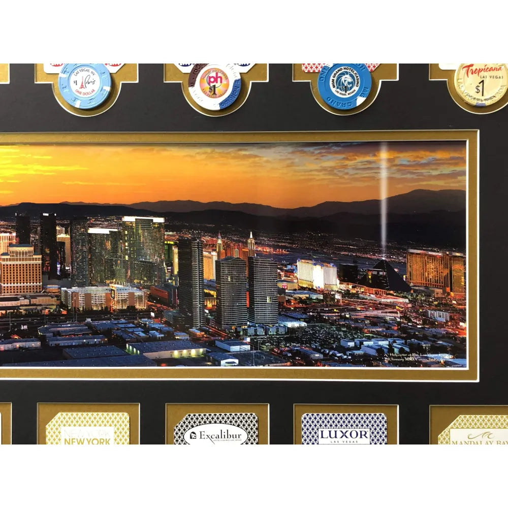 Las Vegas Hotel Casinos Authentic Playing Cards & Poker Chips Collage  Framed #D/10