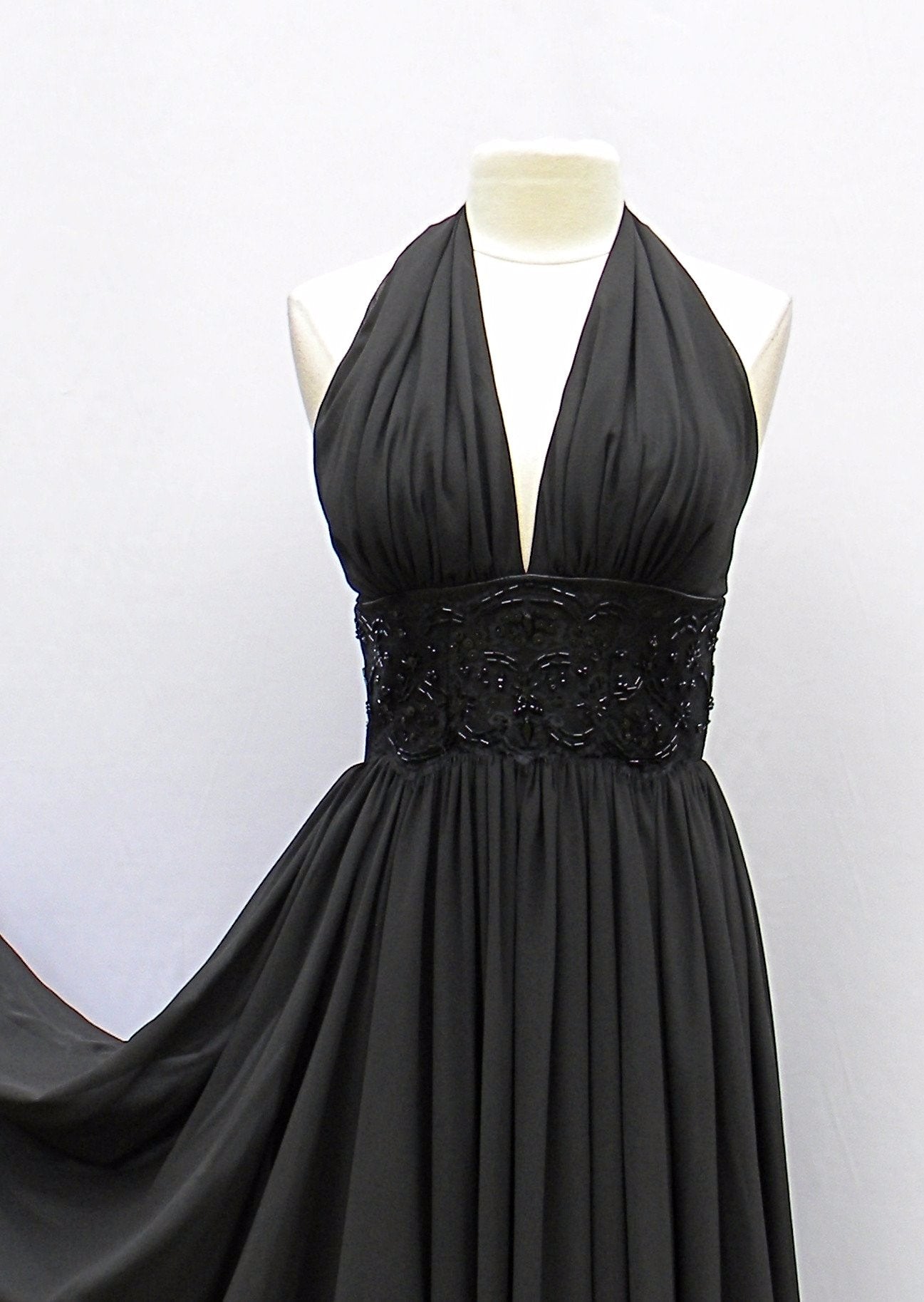 Black Maxi Beaded Halter Gown, Circle Flare Dress With Gloves – Erica's