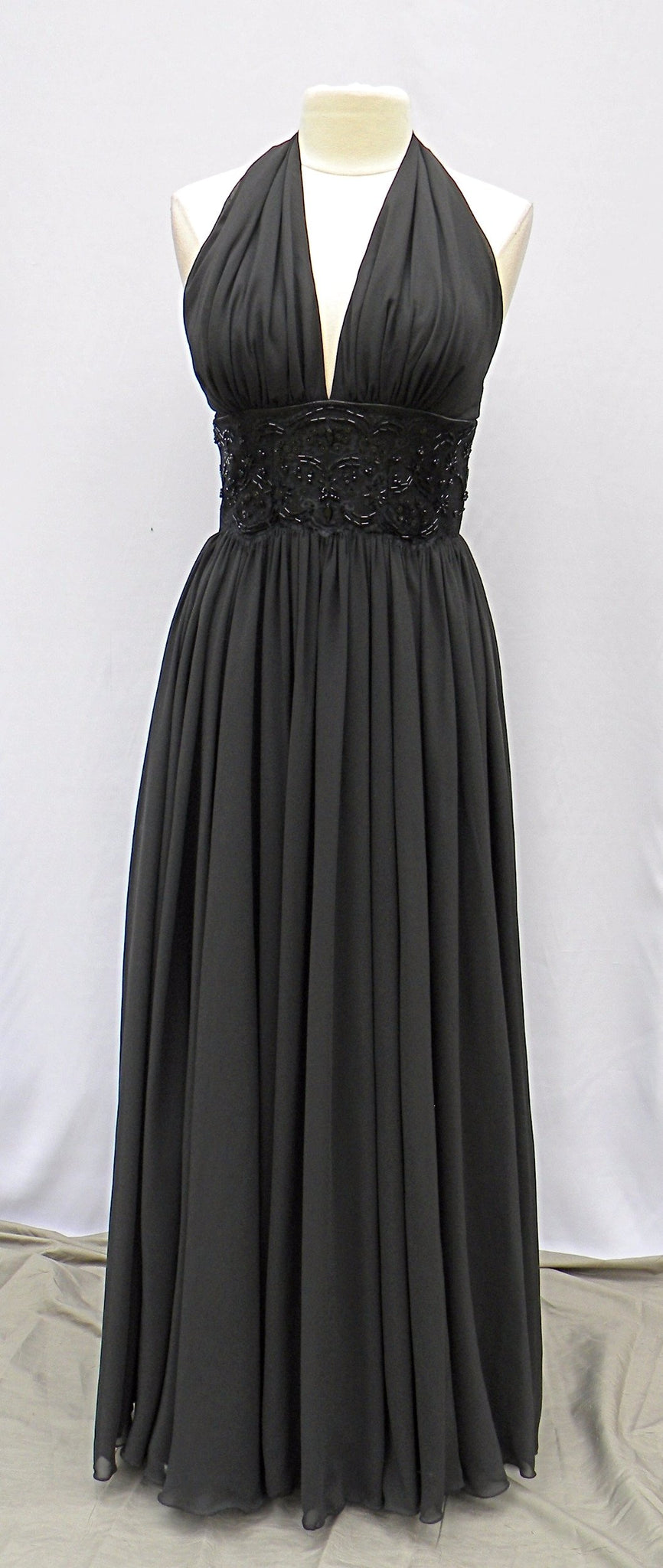 Black Maxi Beaded Halter Gown, Circle Flare Dress With Gloves – Erica's