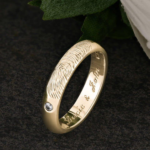 Custom Wedding Ring, Engraved Fingerprint, Yellow Gold with Diamonds